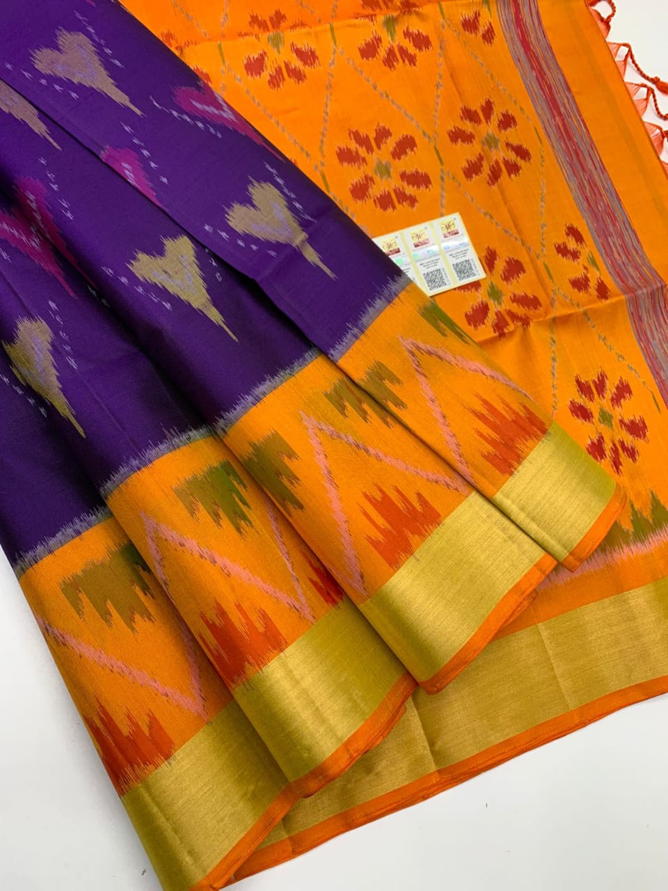 Purple Ikat Pochampally Silk Saree with yellow border