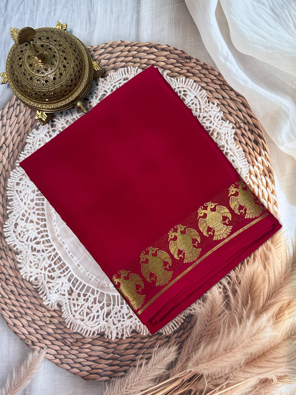 Pure Mysore Silk Sarees having gandaberunda border in beautiful red colour