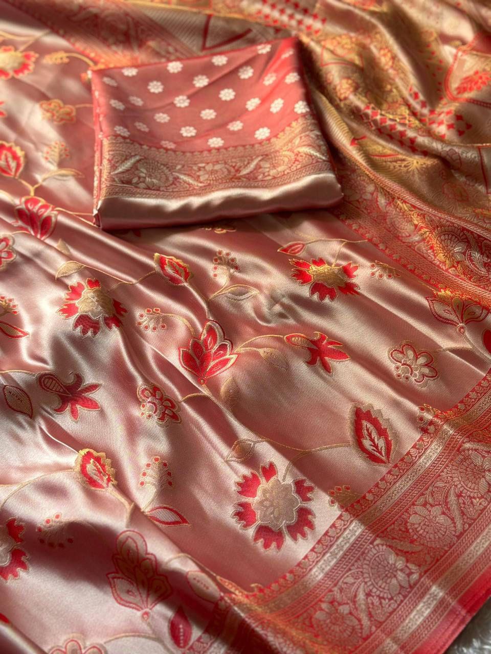 Golden Fendy Shine Saree with Sabyasachi-Inspired Lace & Stitched Blouse