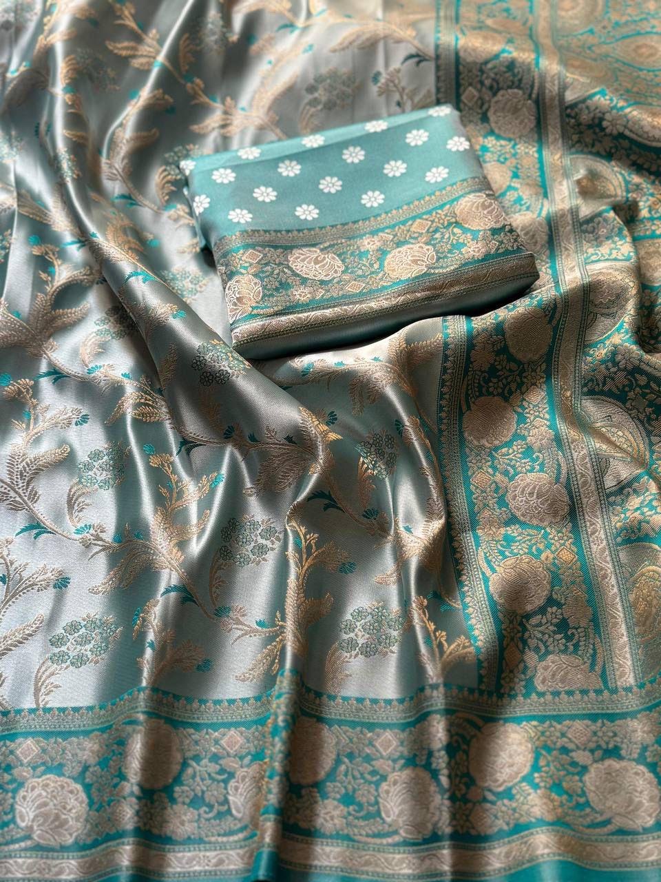 Golden Fendy Shine Saree with Sabyasachi-Inspired Lace & Stitched Blouse