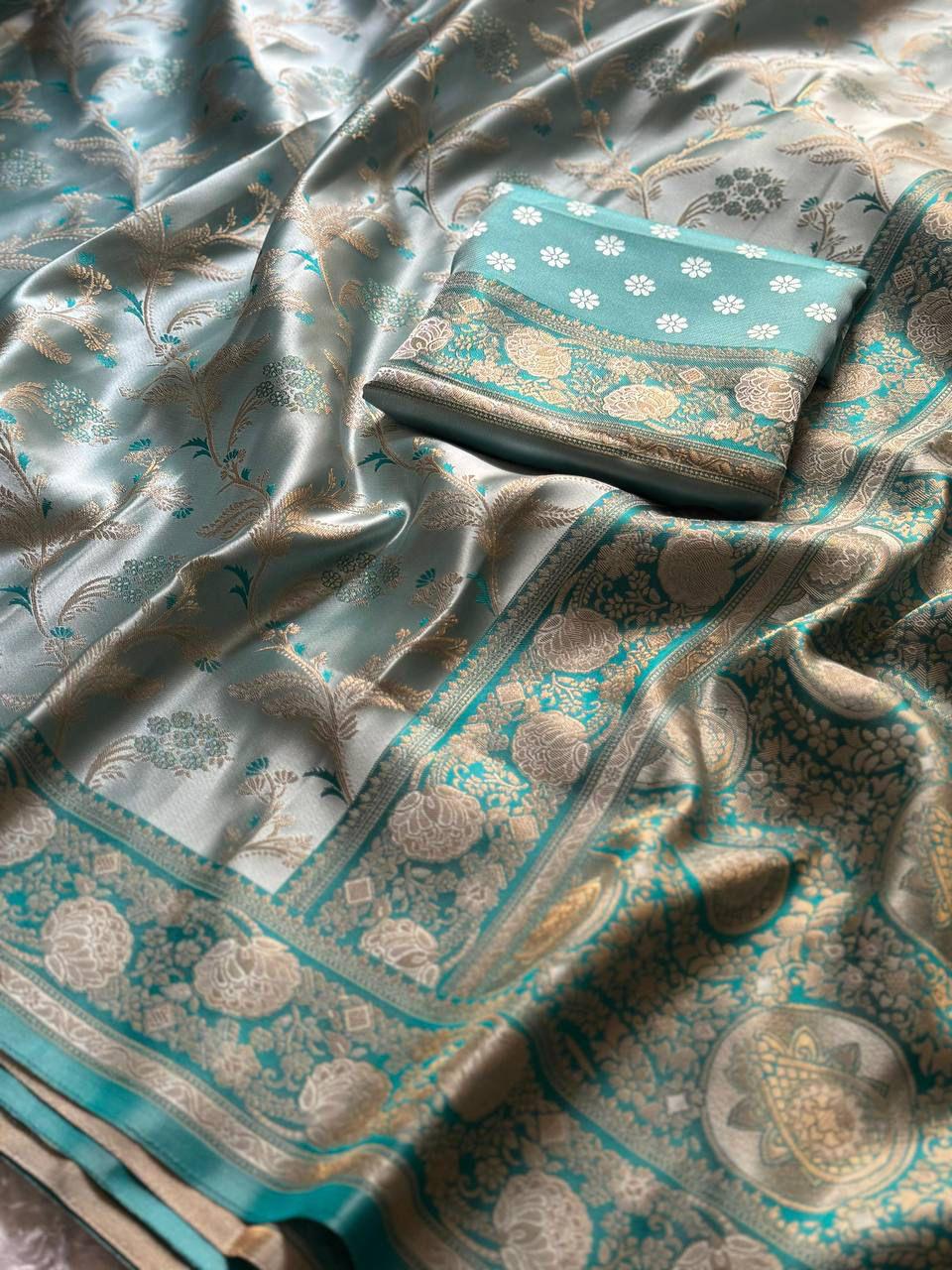 Golden Fendy Shine Saree with Sabyasachi-Inspired Lace & Stitched Blouse