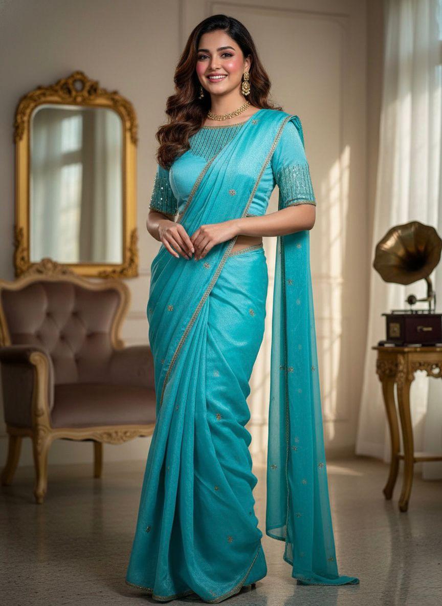 Golden Fendy Shine Saree with Sabyasachi-Inspired Lace & Stitched Blouse