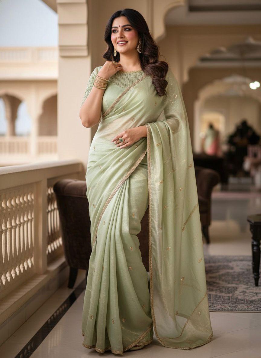 Golden Fendy Shine Saree with Sabyasachi-Inspired Lace & Stitched Blouse