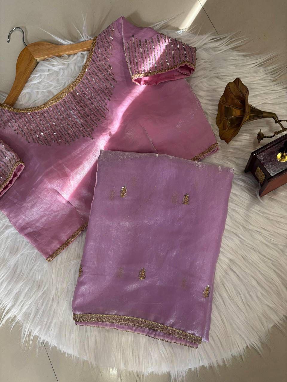 Golden Fendy Shine Saree with Sabyasachi-Inspired Lace & Stitched Blouse