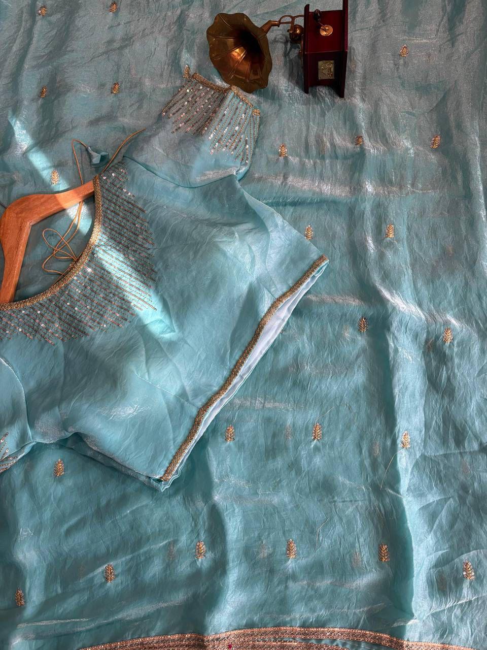 Golden Fendy Shine Saree with Sabyasachi-Inspired Lace & Stitched Blouse