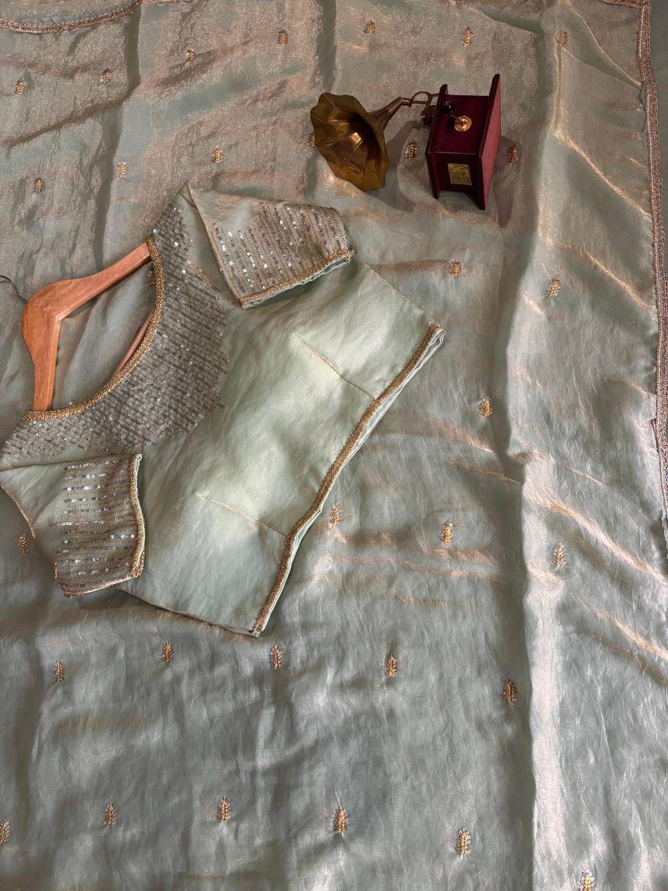 Golden Fendy Shine Saree with Sabyasachi-Inspired Lace & Stitched Blouse