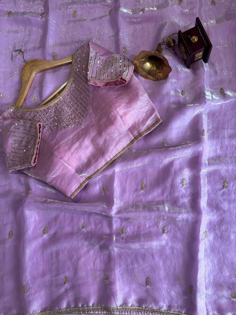 Golden Fendy Shine Saree with Sabyasachi-Inspired Lace & Stitched Blouse