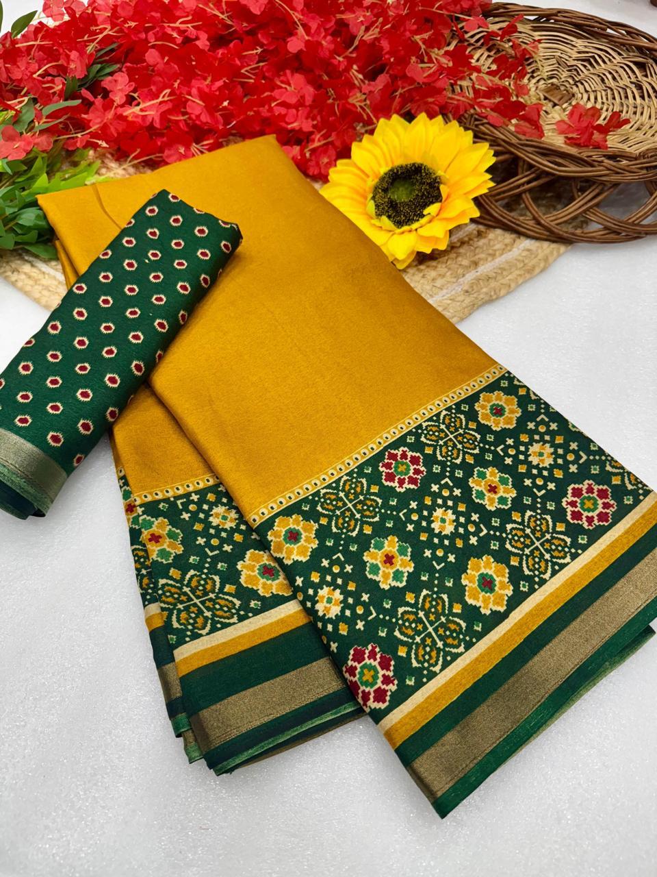 Mustard Yellow Premium Mangalagiri Silk Saree with Classic Green Jacquard Border