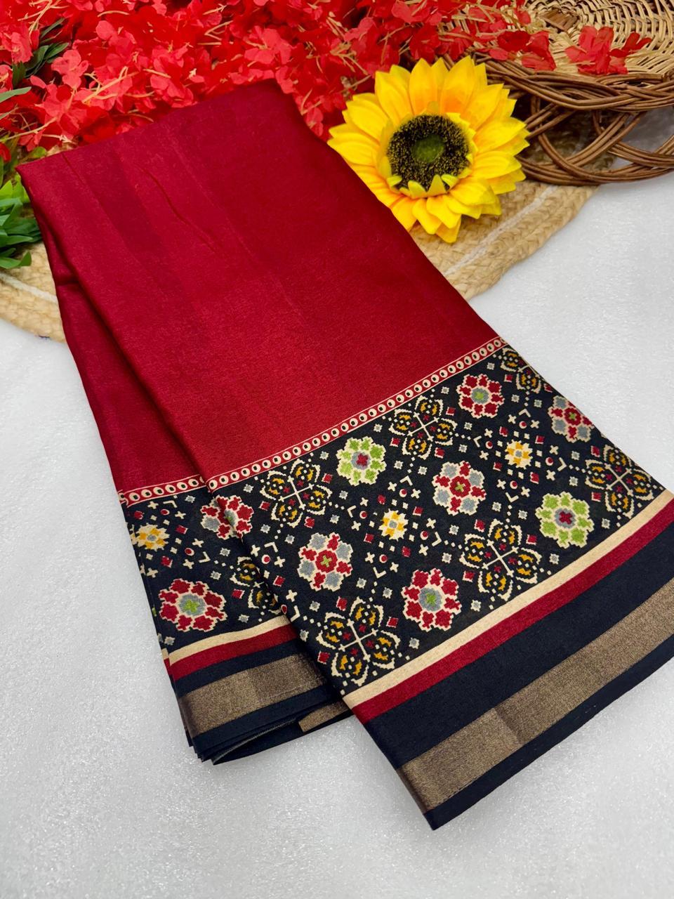Deep Red Premium Mangalagiri Silk Saree with Classic Floral Jacquard Border