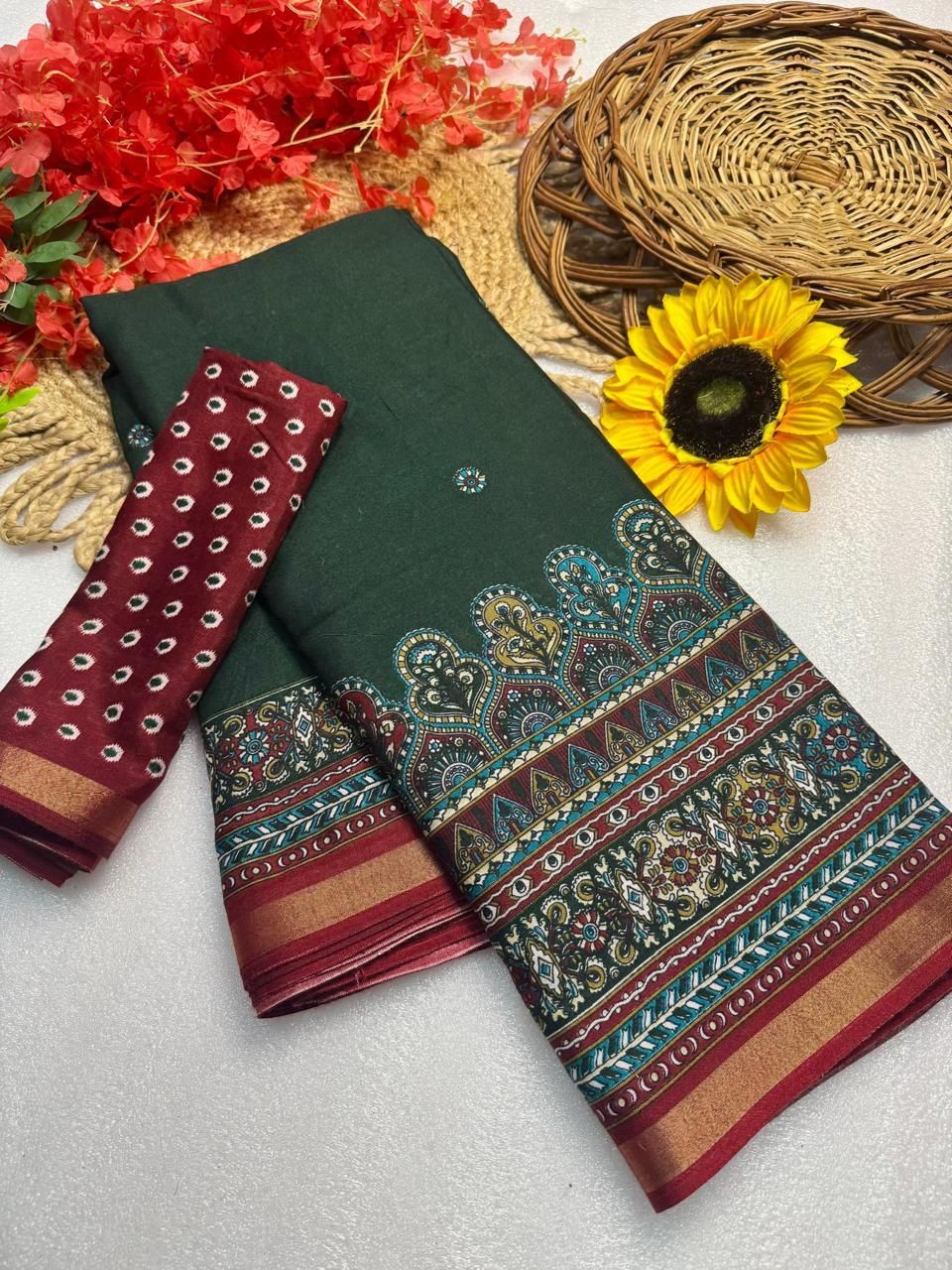 Dark Forest Green Premium Mangalagiri Silk Saree with Regal Jacquard Border