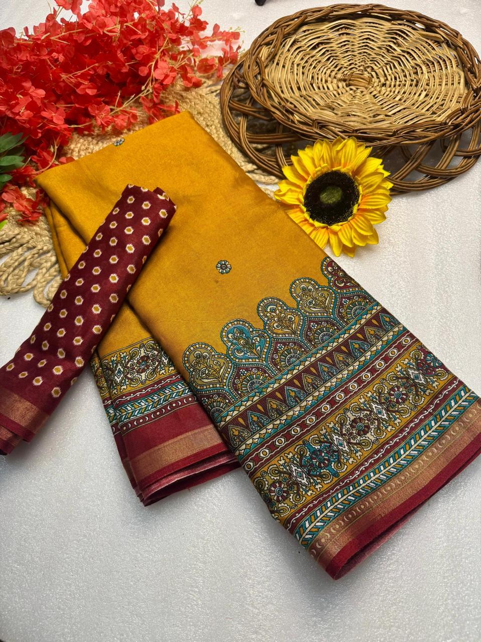 Golden Mustard Premium Mangalagiri Silk Saree with Heritage Handcrafted Jacquard Border