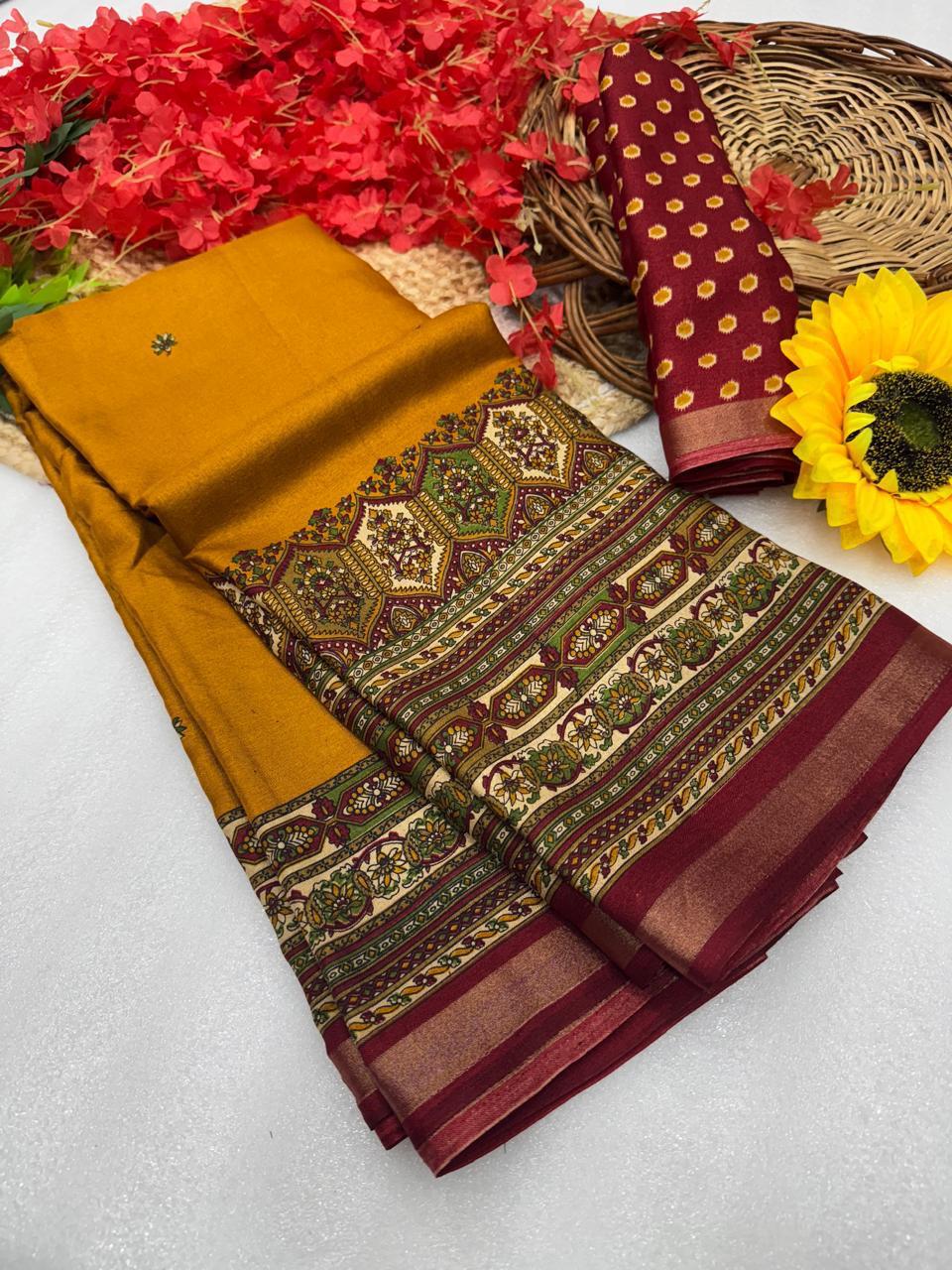 Antique Mustard Premium Mangalagiri Silk Saree with Rich Heritage Jacquard Border