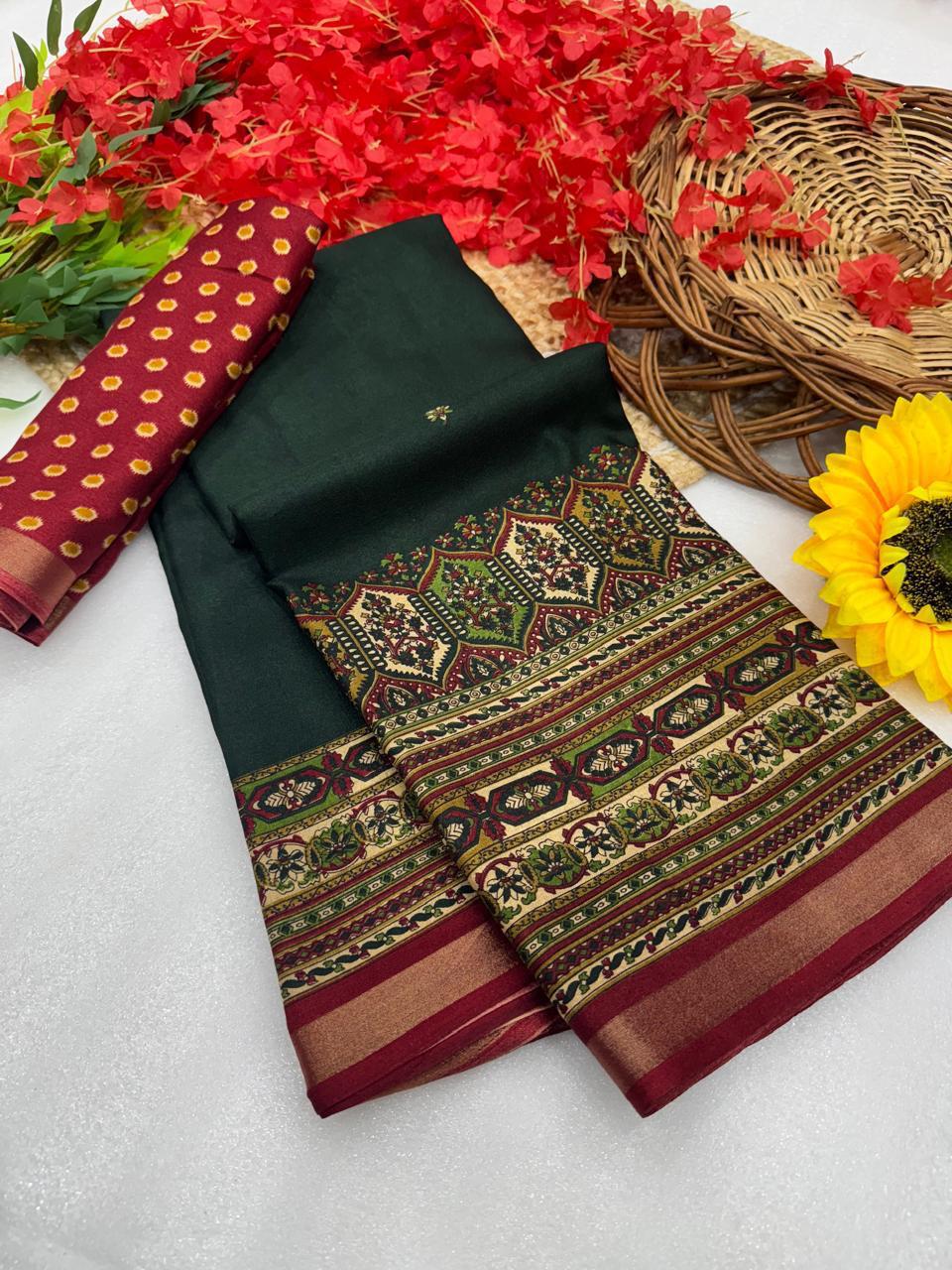Deep Bottle Green Premium Mangalagiri Silk Saree with Intricate Heritage Jacquard Border