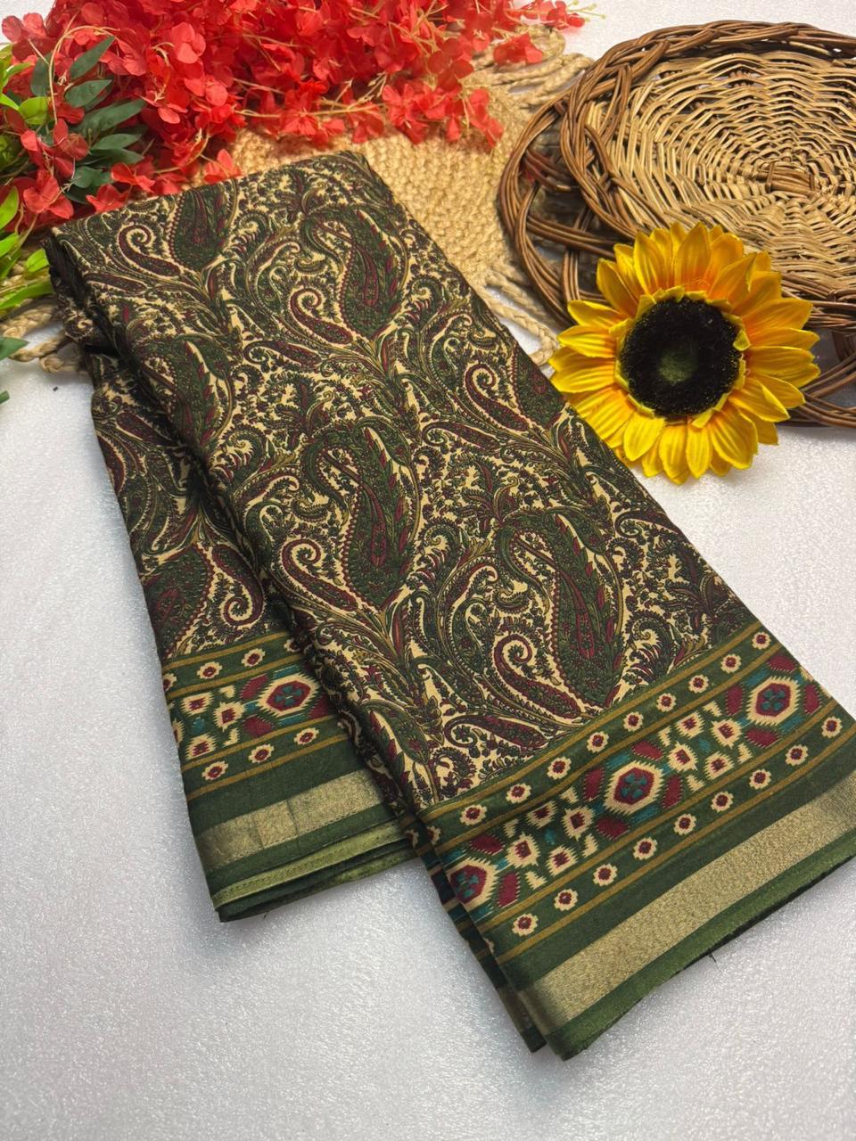 Olive Green Paisley Premium Mangalagiri Silk Saree with Elegant Contrast Border