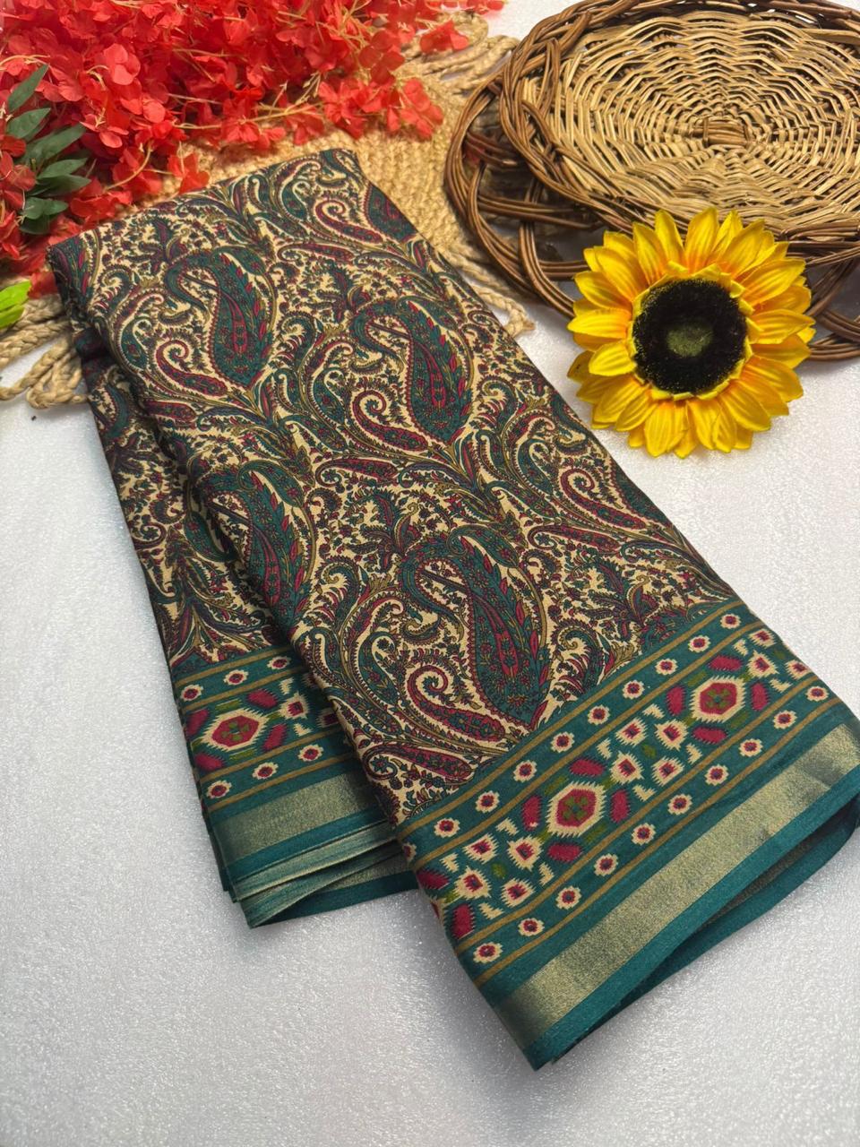 Teal Green Paisley Premium Mangalagiri Silk Saree with Rich Traditional Woven Border