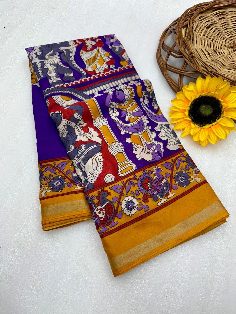 Royal Purple Kalamkari Style Premium Mangalagiri Silk Saree with Grand Temple Art Border