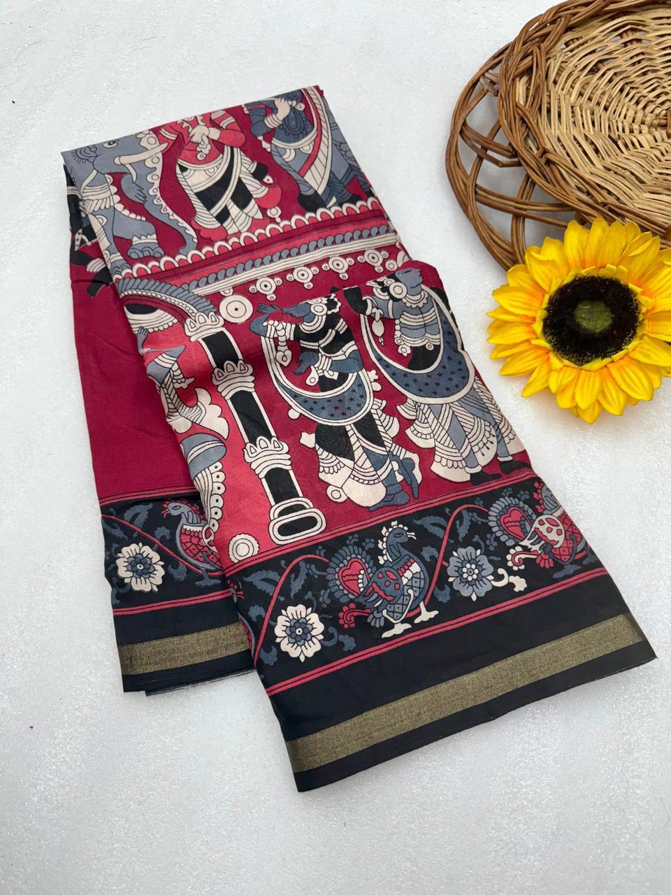 Crimson Red Premium Mangalagiri Silk Saree with Traditional Kalamkari-Inspired Border