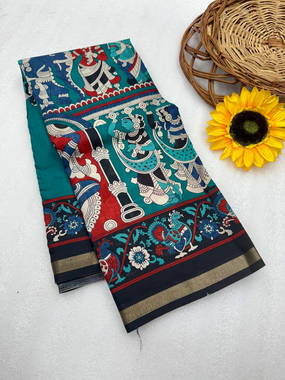 Teal Blue Premium Mangalagiri Silk Saree with Kalamkari-Inspired Traditional Border