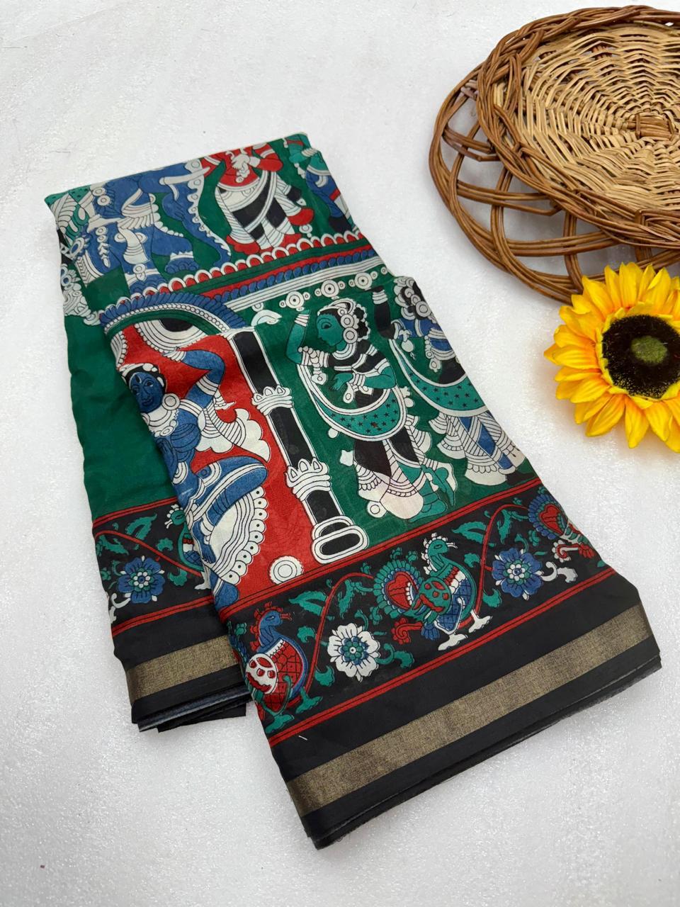 Emerald Green Kalamkari Style Premium Mangalagiri Silk Saree with Traditional Temple Border