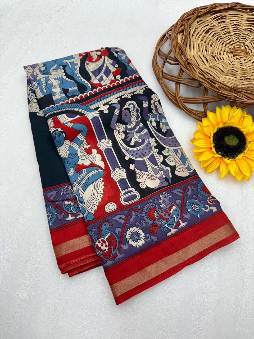 Navy Blue Kalamkari Style Premium Mangalagiri Silk Saree with Classic Temple Art Border