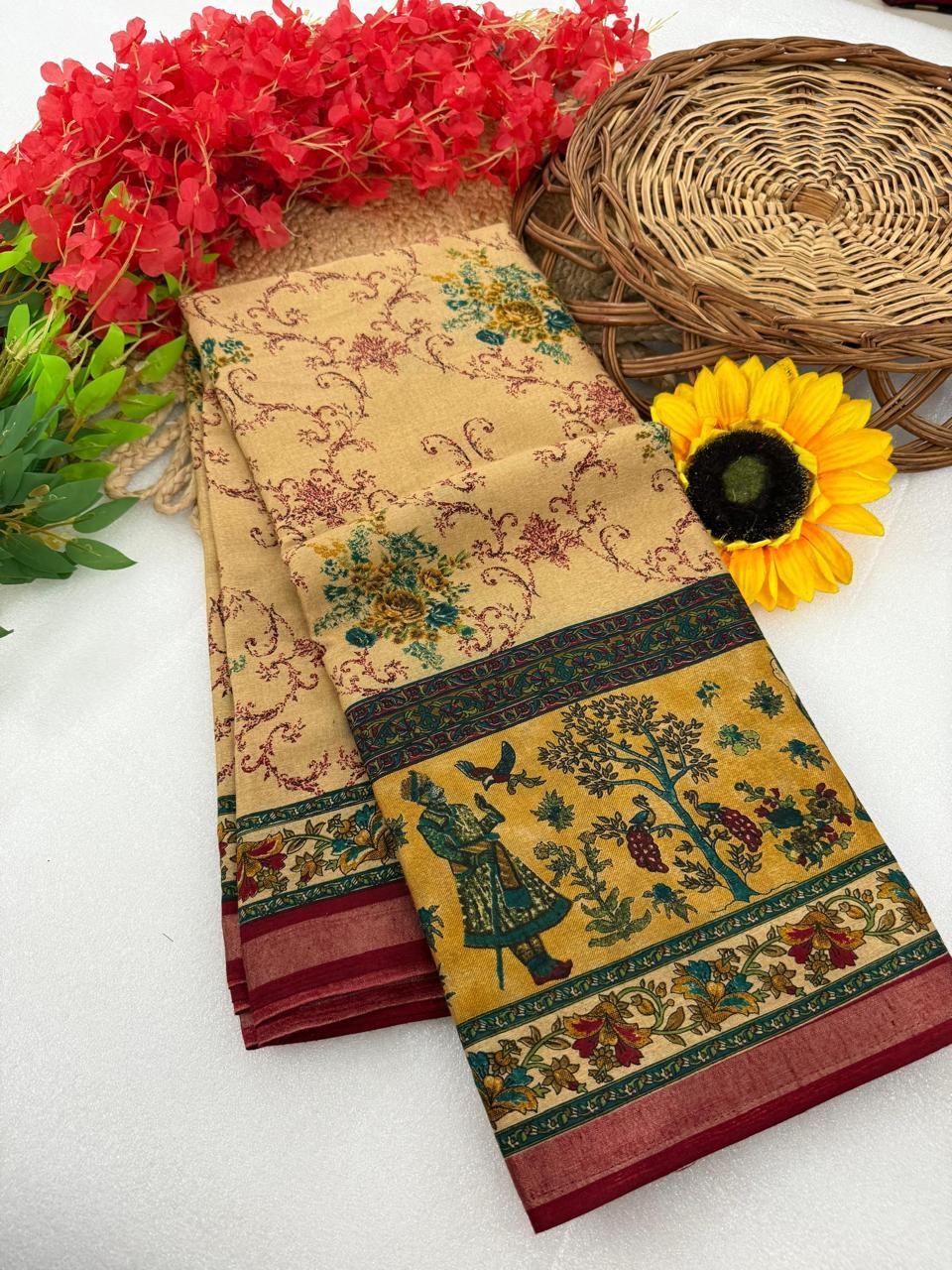 Beige Kalamkari Silk Saree with Royal Narrative Border
