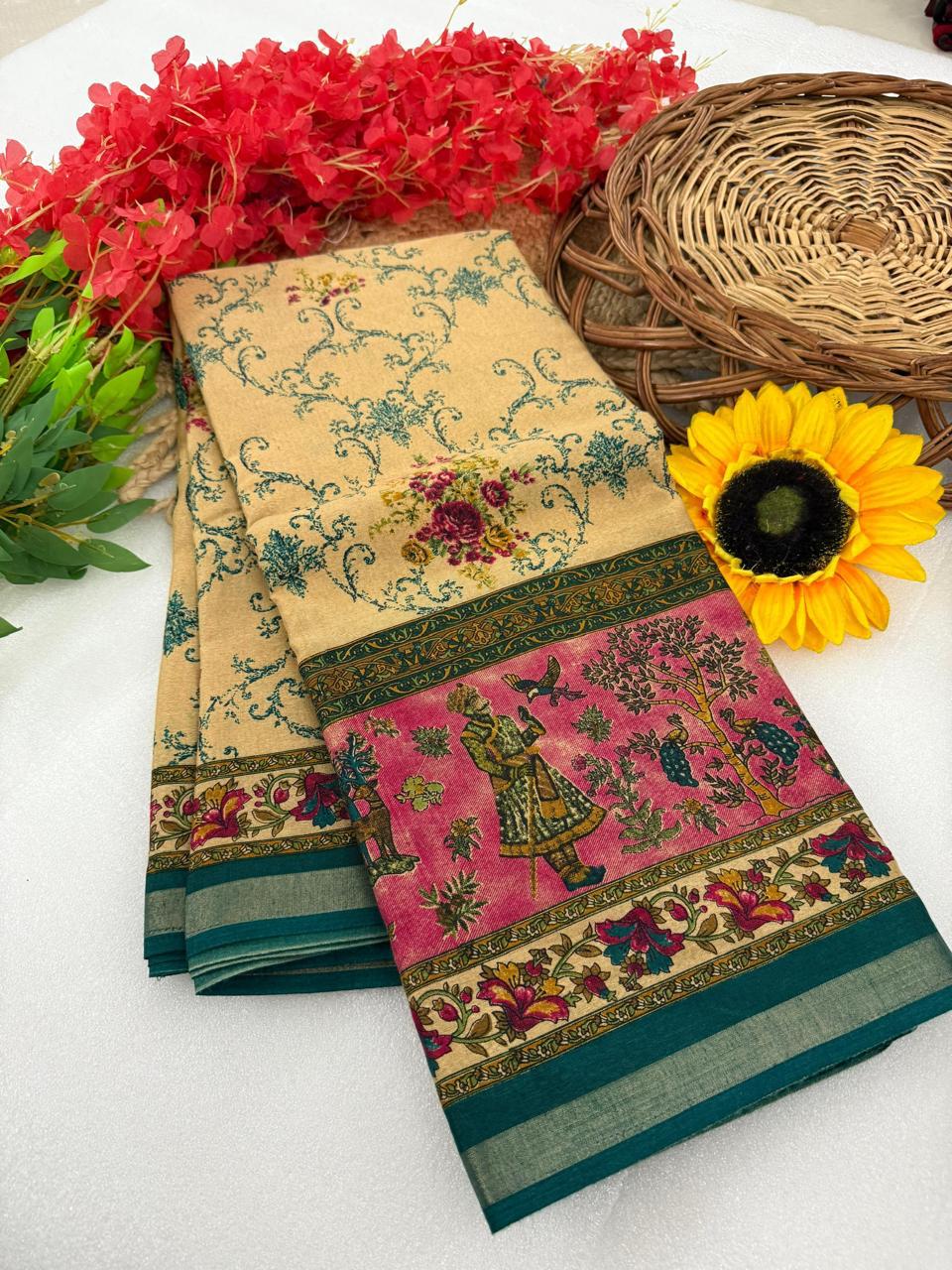 Beige Floral Premium Mangalagiri Silk Saree with Handcrafted Kalamkari Border
