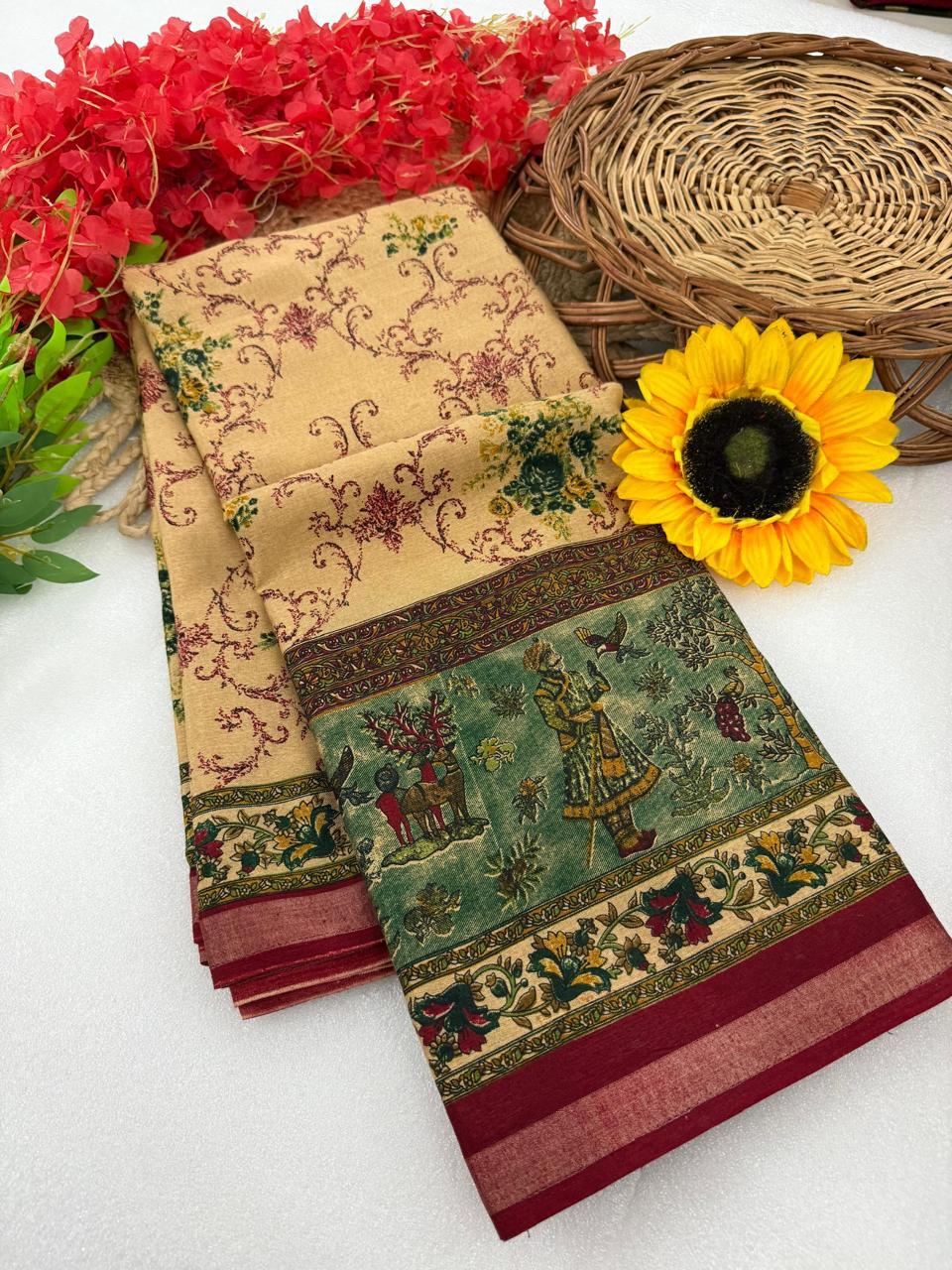 Beige Floral Mangalagiri Silk Saree with Kalamkari Storytelling Border