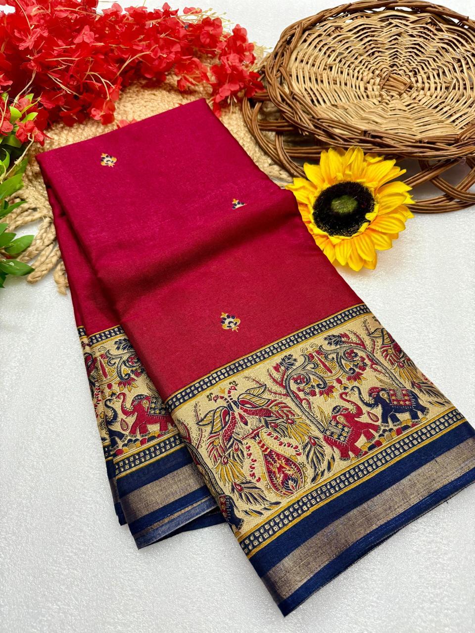Rani Wine Premium Mangalagiri Silk Saree with Royal Kalamkari Peacock Border