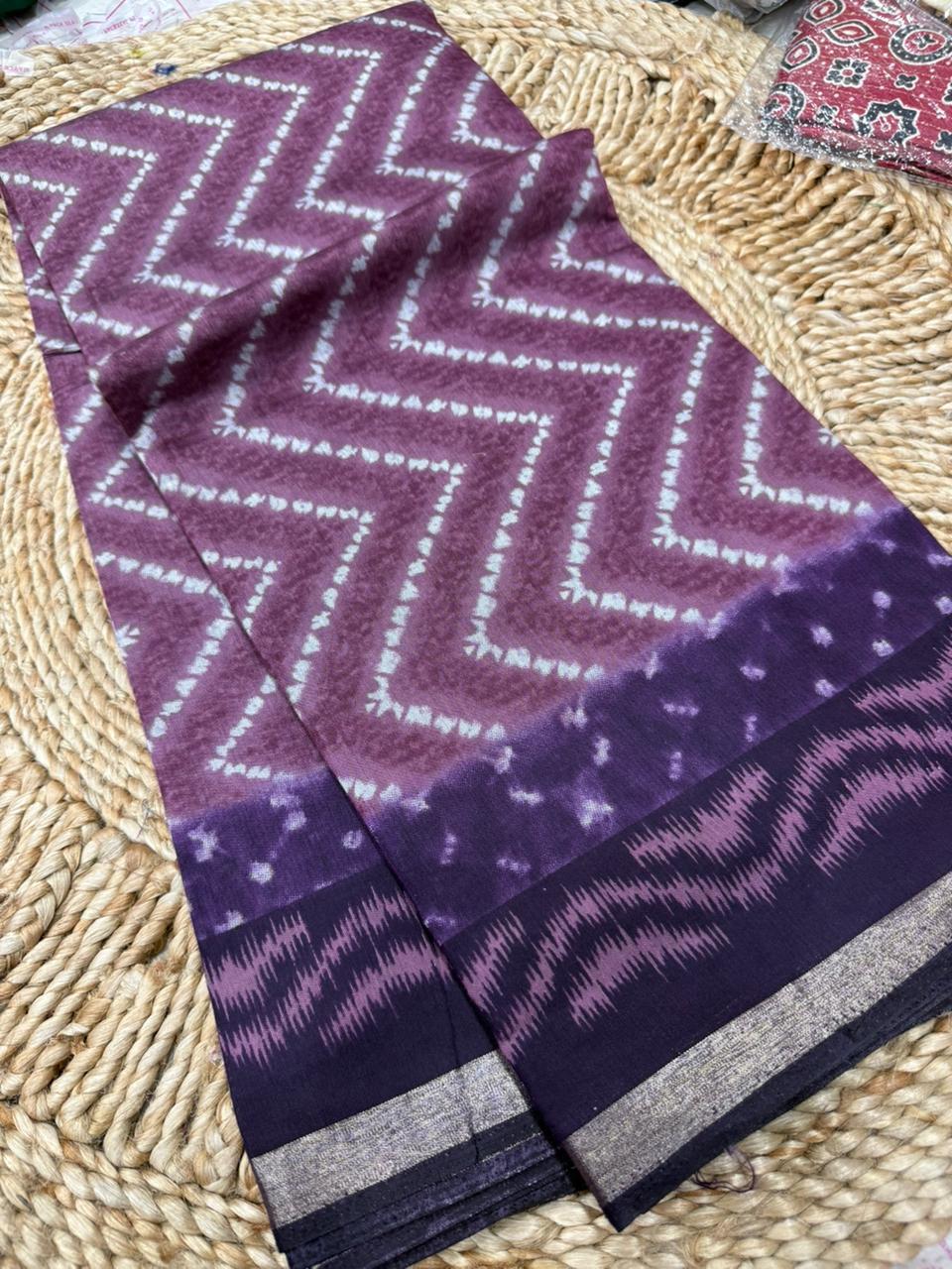 Plum Purple Ikat Style Cotton Saree with Chevron Tie-Dye Pattern & Classic Border