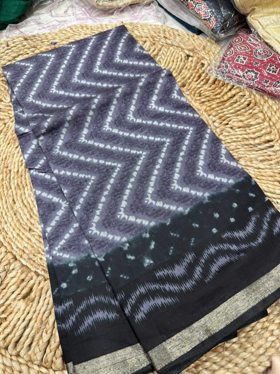 Charcoal Grey Ikat Style Cotton Saree with Chevron Tie-Dye Pattern & Subtle Metallic Border
