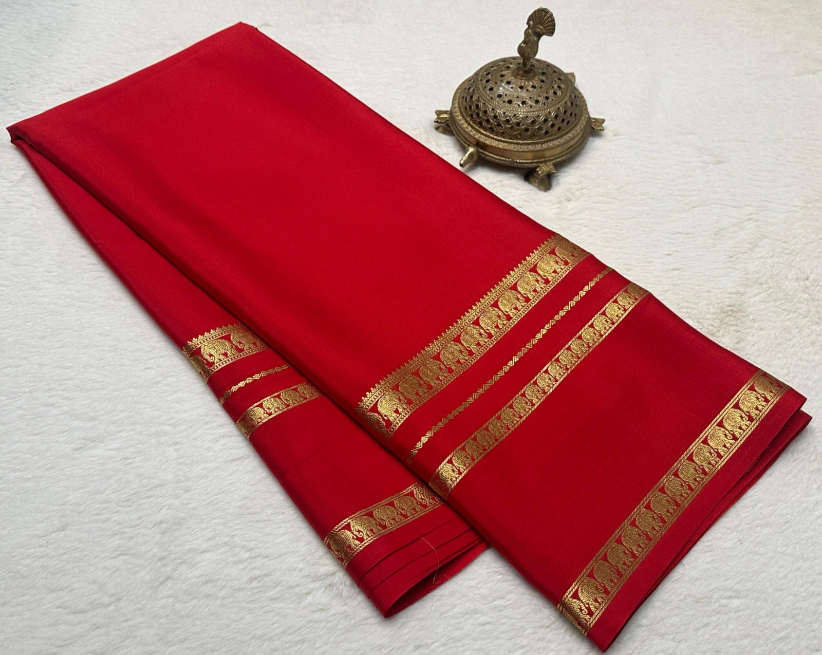 Red Mysore Crepe Silk Saree With Golden Elephant Border