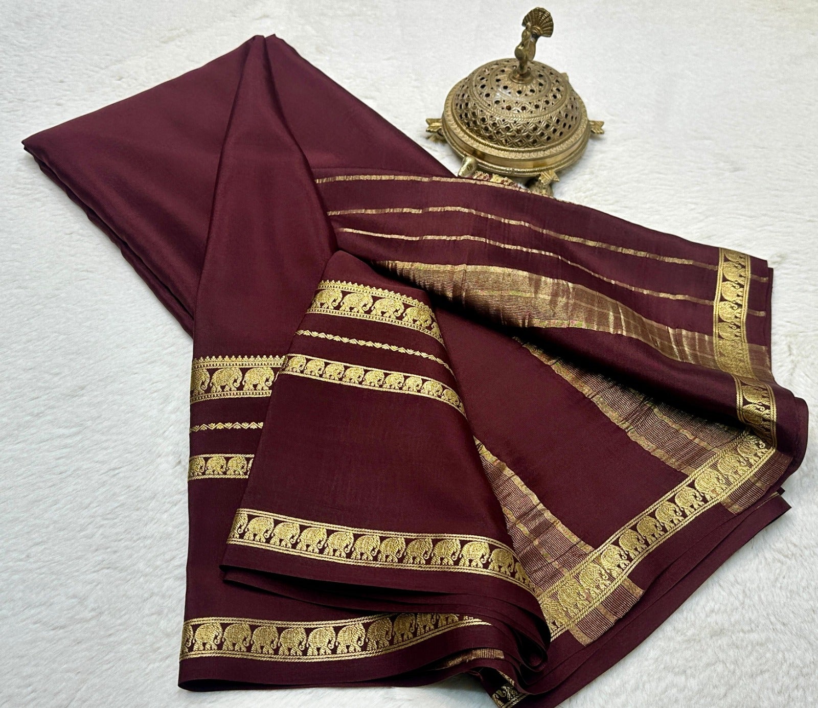 Maroon Mysore Crepe Silk Saree With Golden Elephant Border