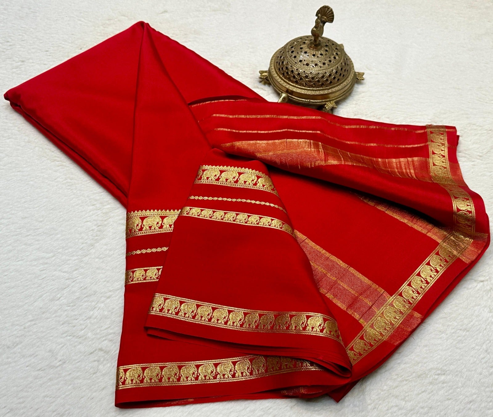Red Mysore Crepe Silk Saree With Golden Elephant Border