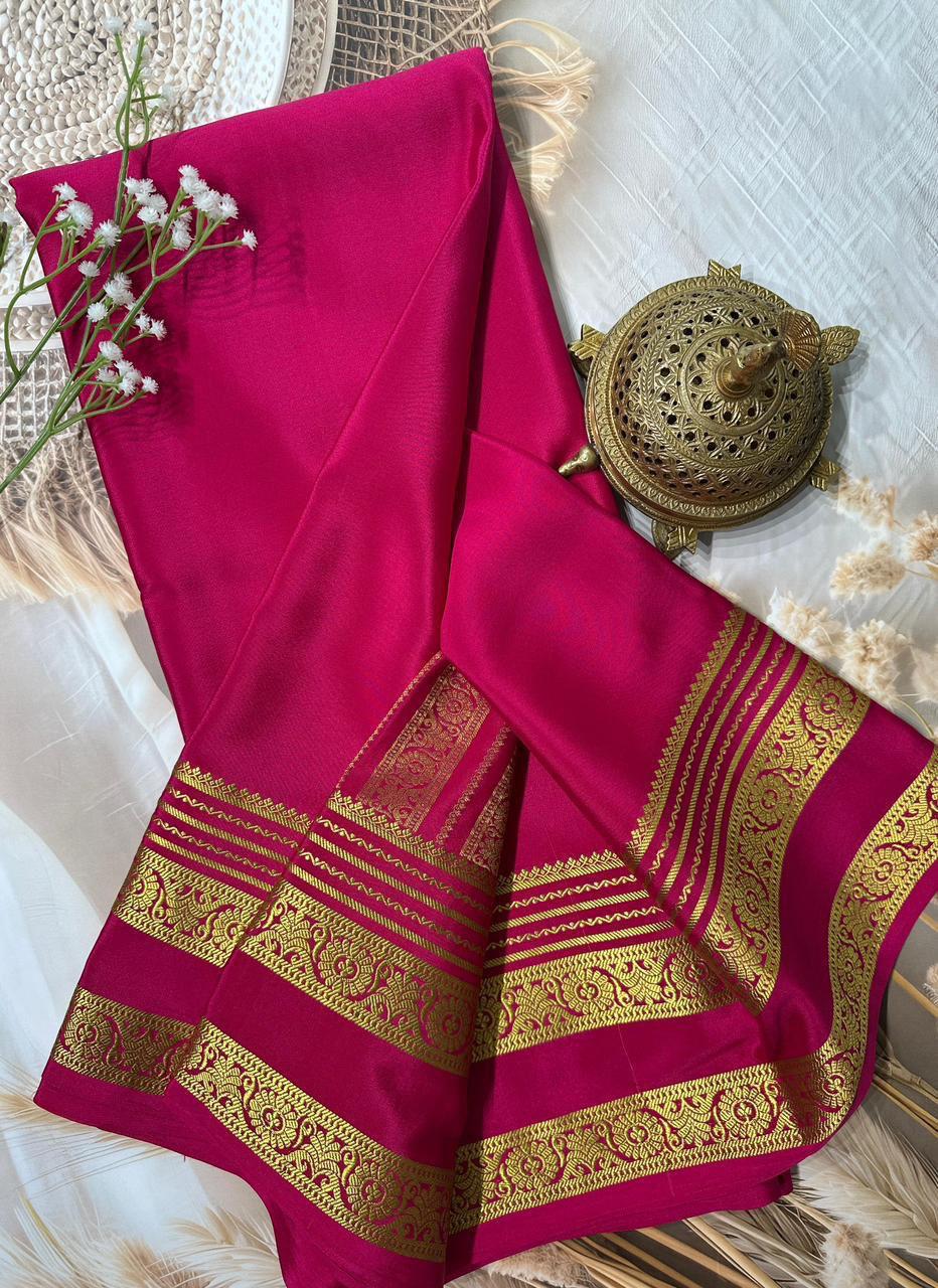 Pink Semi Mysore Crepe Silk Saree With Heavy Floral Bentex Border