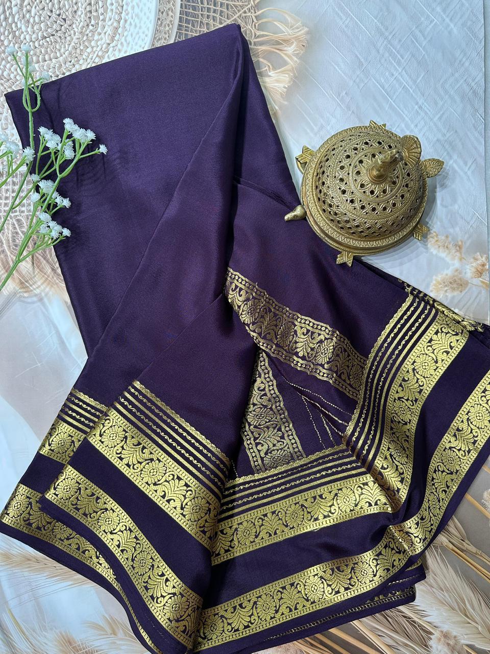 Blue Semi Mysore Crepe Silk Saree With Heavy Floral Bentex Border