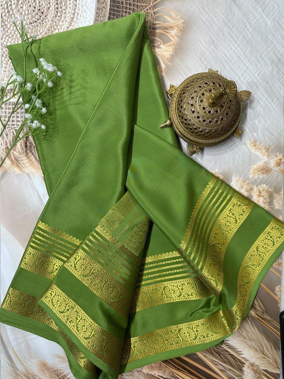 Green Semi Mysore Crepe Silk Saree With Heavy Floral Bentex Border