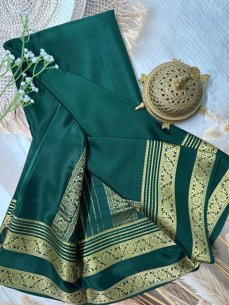 Dark Green Semi Mysore Crepe Silk Saree With Heavy Floral Bentex Border
