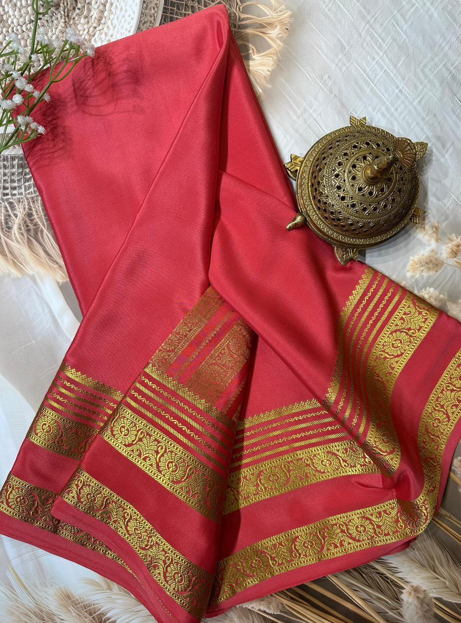 Semi Mysore Crepe Silk Saree With Heavy Floral Bentex Border