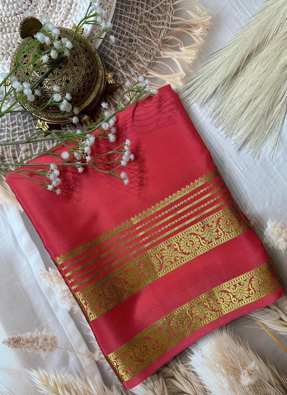 Semi Mysore Crepe Silk Saree With Heavy Floral Bentex Border