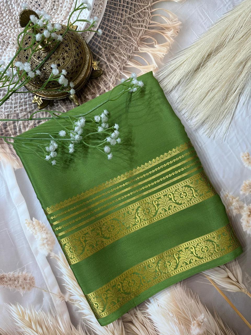 Green Semi Mysore Crepe Silk Saree With Heavy Floral Bentex Border