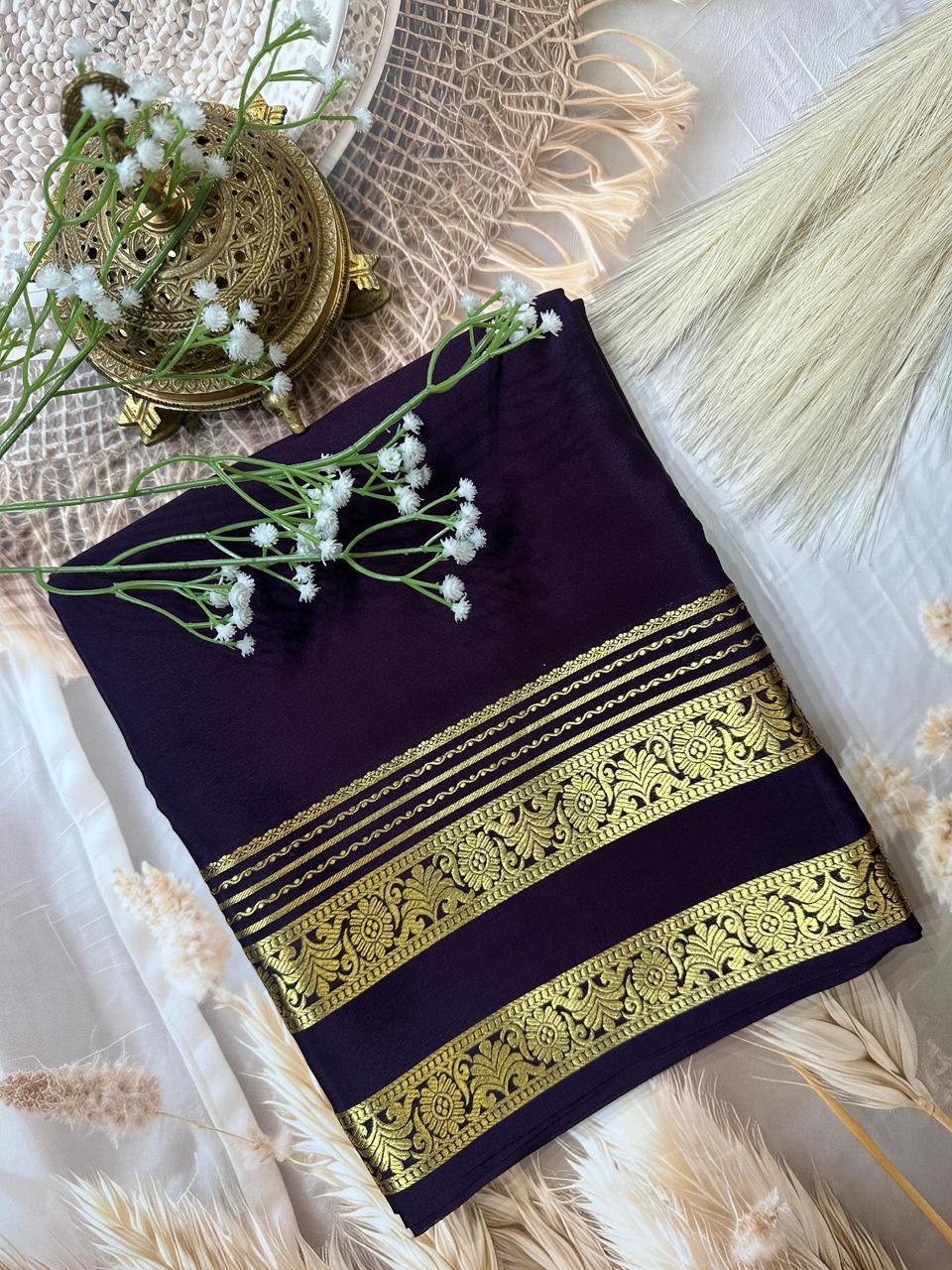 Blue Semi Mysore Crepe Silk Saree With Heavy Floral Bentex Border