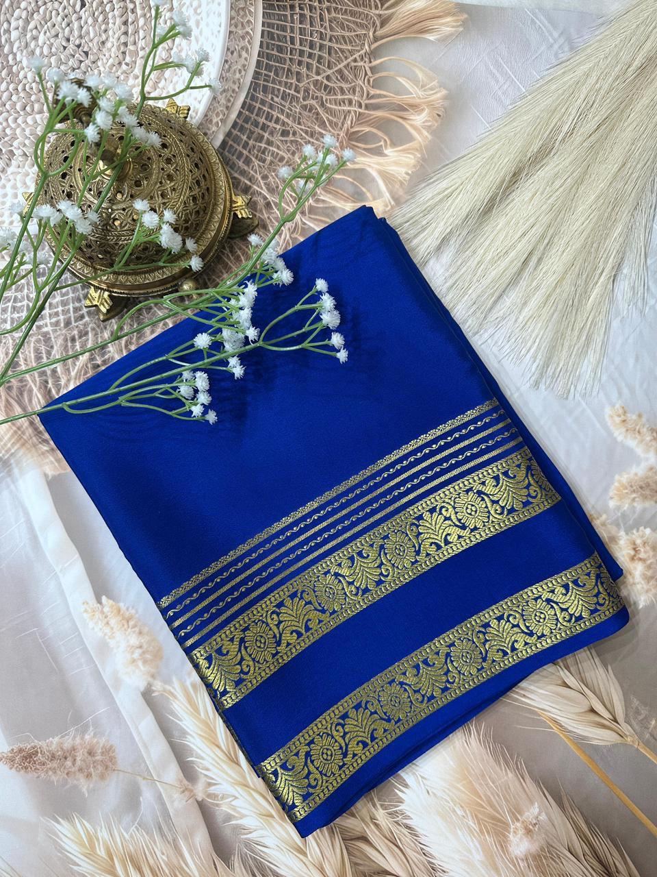 Royal Blue Semi Mysore Crepe Silk Saree With Heavy Floral Bentex Border