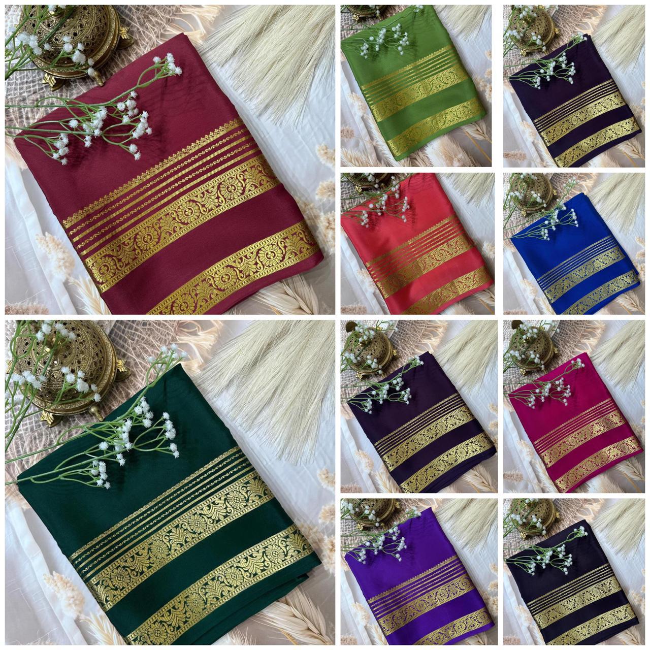 Dark Green Semi Mysore Crepe Silk Saree With Heavy Floral Bentex Border