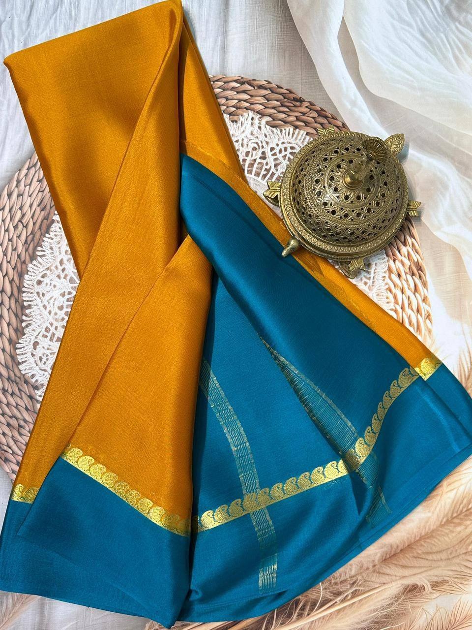 Mustard Yellow Mysore Crepe Silk Saree with Teal Bentex Border