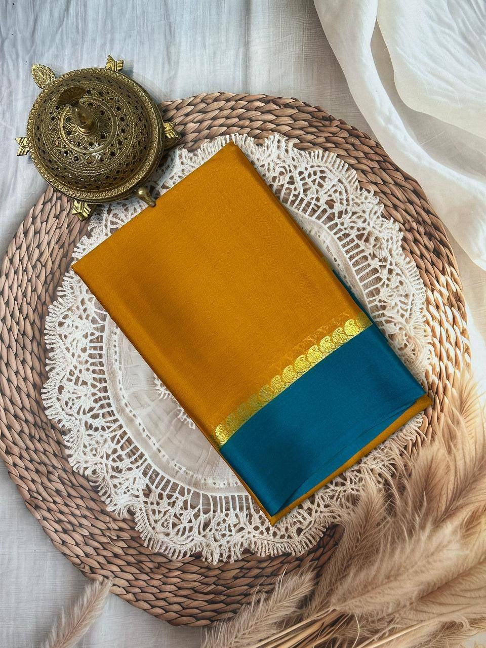 Mustard Yellow Mysore Crepe Silk Saree with Teal Bentex Border