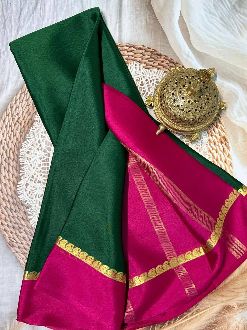 Bottle Green Mysore Crepe Silk Saree with Pink Bentex Border