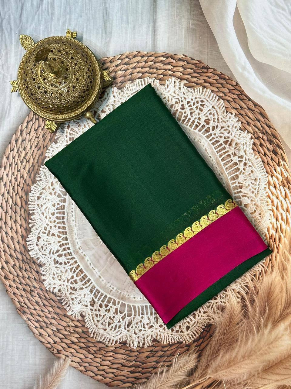 Bottle Green Mysore Crepe Silk Saree with Pink Bentex Border