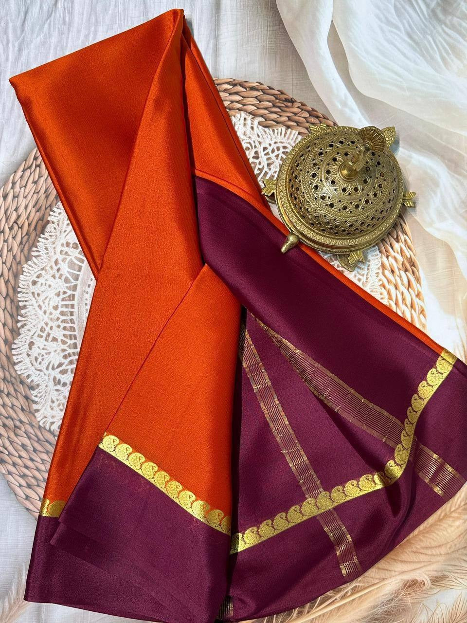 Rust Orange Mysore Crepe Silk Saree with Maroon Bentex Border