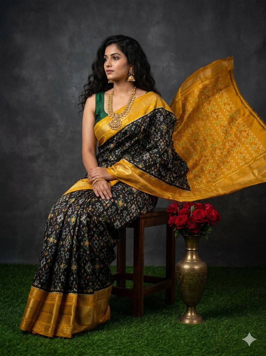 Gray ikkath Saree with Golden Border zari work