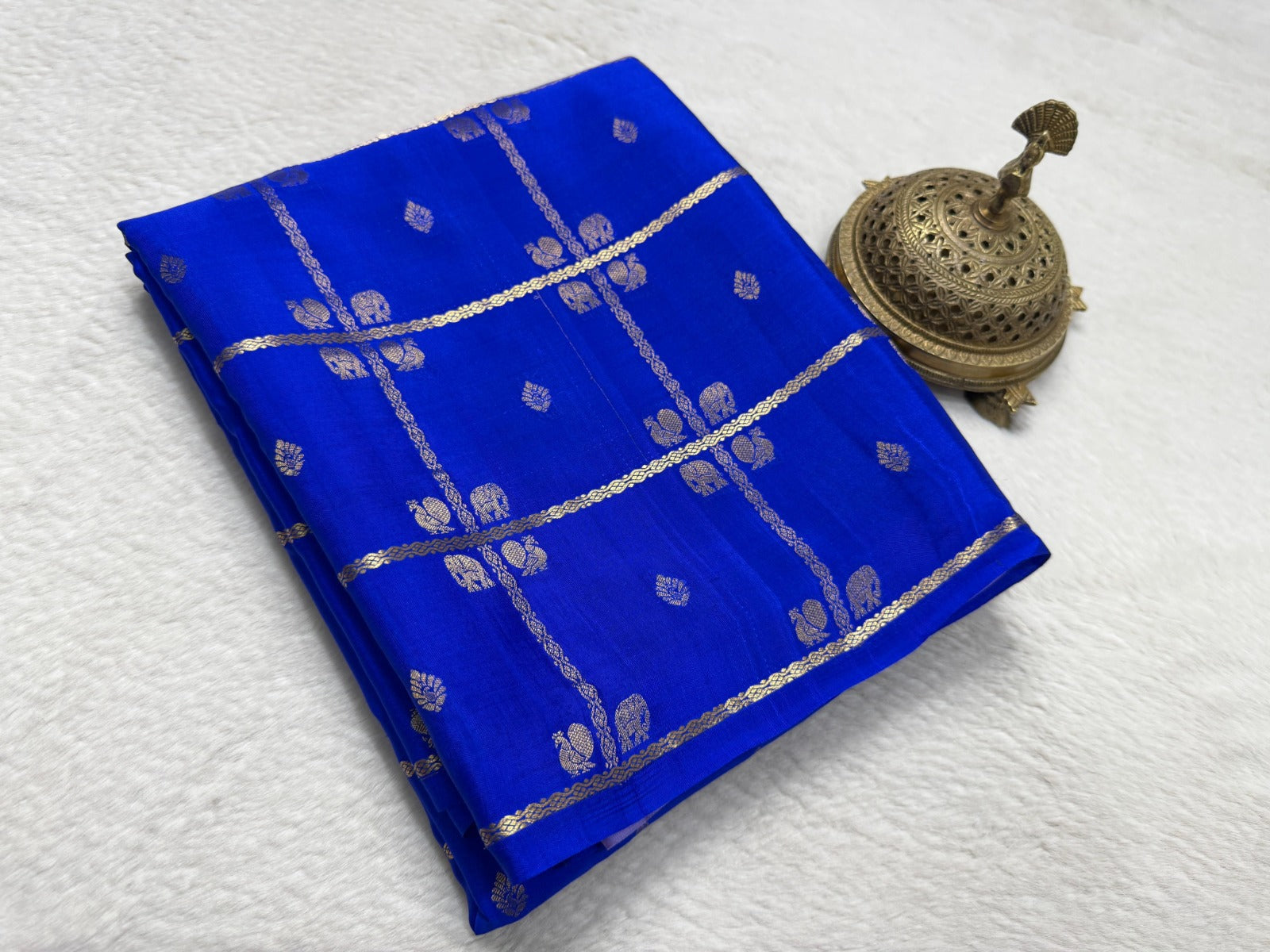 Elegant Blue Saree with Gold Zari Butta & Check Design